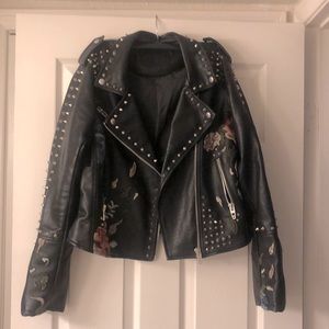 Blank NYC Floral Embroidered Studded Leather Moto Jacket